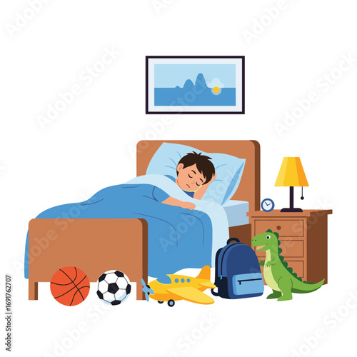 A young boy sleeps peacefully in his bed surrounded by his favorite toys and bedtime essentials