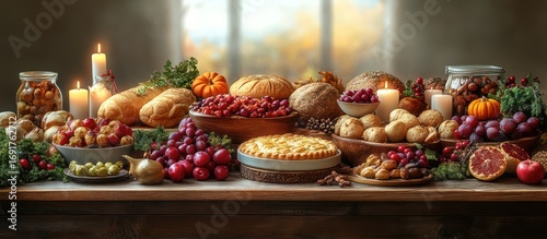 Abundant Thanksgiving feast table with breads, pies, fruits, nuts, and candles.