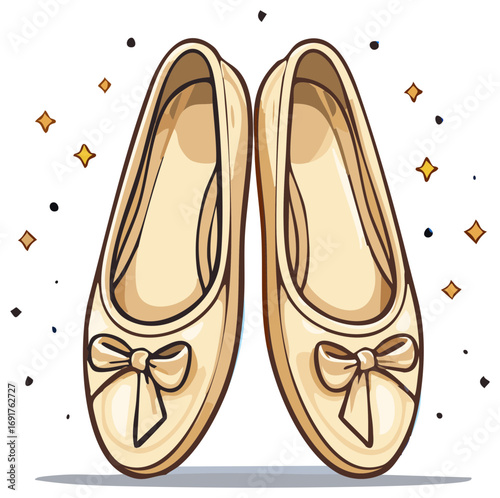 Elegant Golden Slippers with Bows and Sparkling Accents, Decorative Fashion Ballet Flats Illustration, Formal Pair of Shoes