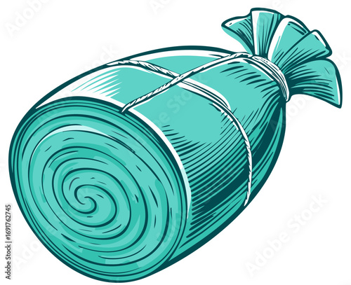 Artistic rendering of a rolled up sleeping bag tied with twine