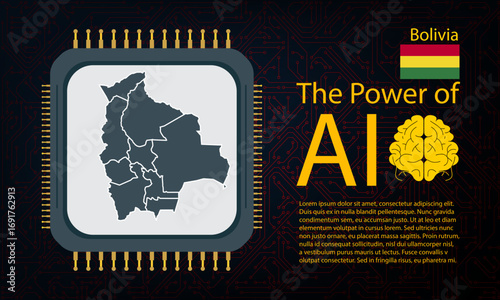 bolivia map with microchip war and AI concept on circuit board, Power of AI with country map. Global connectivity with big data.