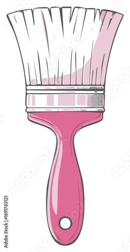Pink paintbrush with white bristles and a hole in the handle for hanging