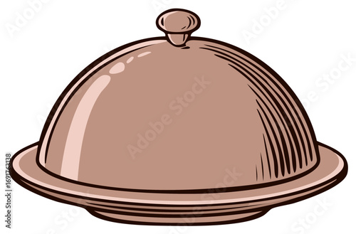 Elegant restaurant cloche serving dome on a platter, vintage style vector illustration.