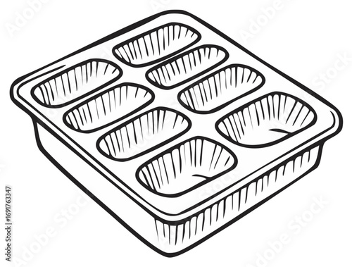 Empty food tray with eight oval compartments for baking or serving