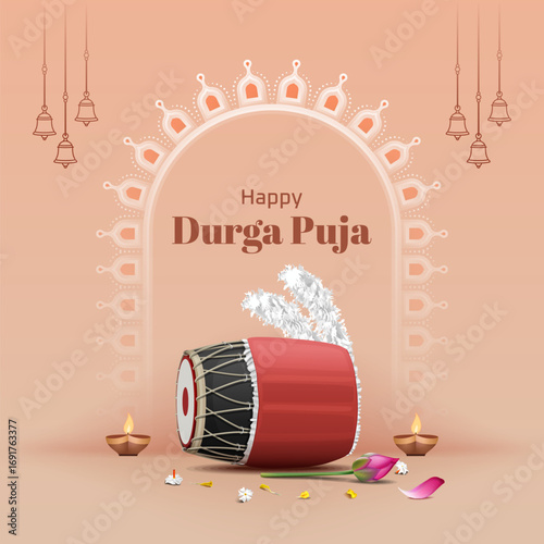durga puja festival creative illustration with dhak, lotus flower and bengali text typography