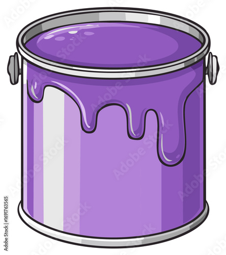 Open Paint Can with Purple Paint Drips Isolated, Painting Supplies Illustration