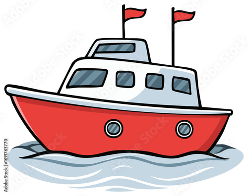 Colorful cartoon pleasure boat illustration with red flags on the water