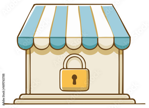 Cartoon storefront with locked padlock. Security and closed concept.