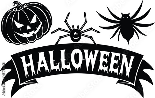 Halloween vector art of halloween themed illustration showcasing a grinning pumpkin, a spider, and a larger spider, all above a banner with the word halloween in a dripping font