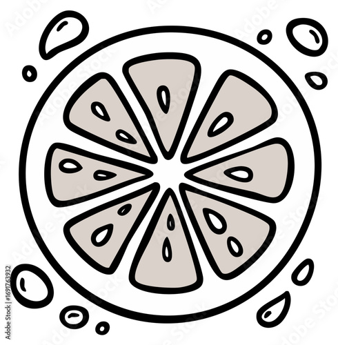 Stylized citrus fruit slice illustration with visible seeds and fresh juice droplets