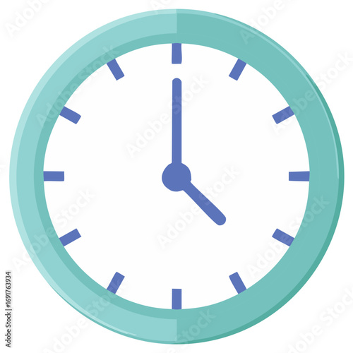 Round clock indicating time with simple teal face and blue hands. Time is passing by on a round simple teal clock face with hands pointing to numbers.