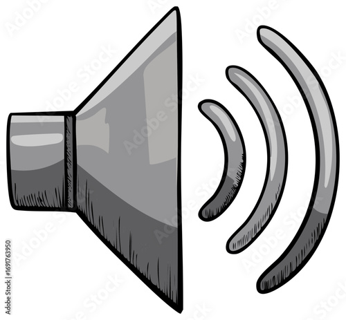 Grey speaker icon emitting sound waves illustration. Loudspeaker symbol for audio and volume control concept.