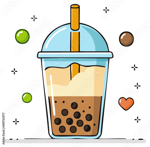 Refreshing Bubble Milk Tea with Black Tapioca Pearls Cute Cartoon Illustration