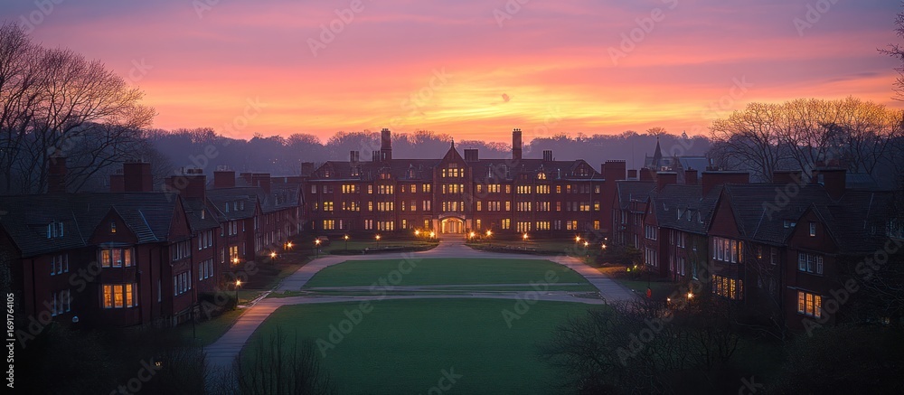Fototapeta premium Sunset over a collegiate campus with lit-up brick buildings and a sprawling lawn.