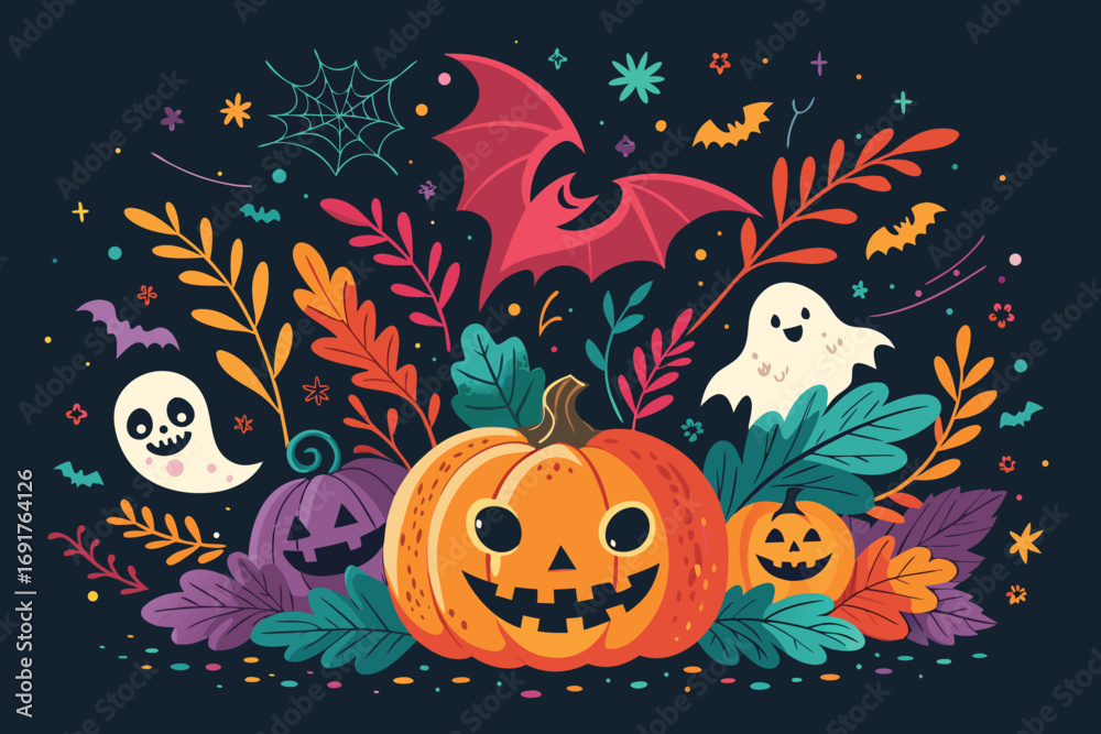 Fototapeta premium Halloween vector art of a whimsical halloween night scene featuring a smiling pumpkin, a playful ghost, and a young witch walking towards a haunted house under a crescent moon, creating a spooky atmos