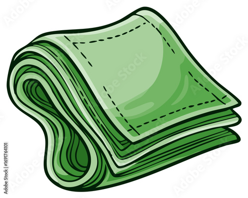 Neatly folded stack of fresh green fabric cloths or towels cartoon vector illustration