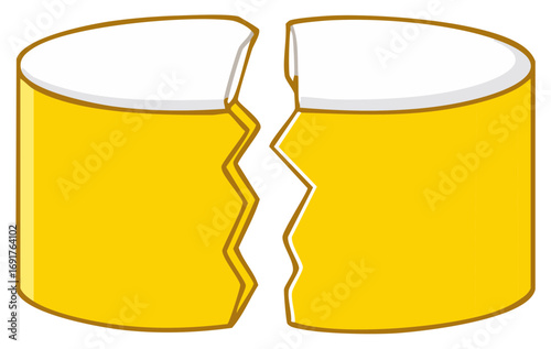 Yellow cylinder broken in half symbolizing data breach system error or financial crisis