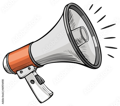 Cartoon megaphone illustration with radiating lines symbolizing amplification for announcements and attention