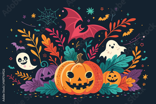 Halloween vector art of a whimsical halloween night scene featuring a smiling pumpkin, a playful ghost, and a young witch walking towards a haunted house under a crescent moon, creating a spooky atmos