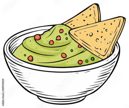 Bowl of guacamole with tortilla chips, hand-drawn illustration.