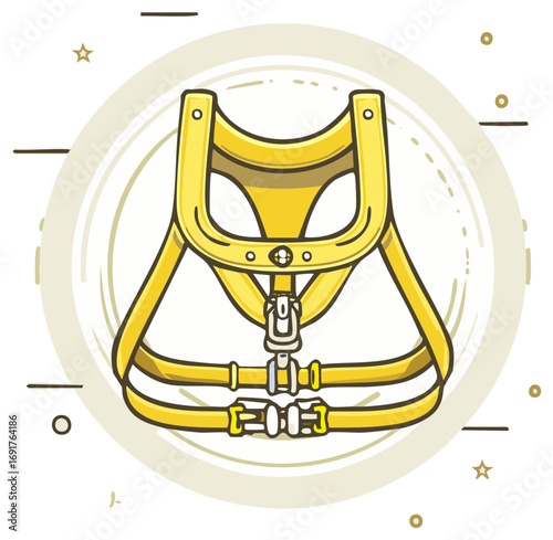 Golden dog harness illustration, safety dog pet accessory with straps and buckles on a cream and white background.