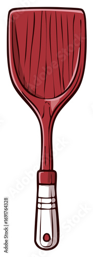 Red slotted kitchen spatula with a white handle and a hole for hanging