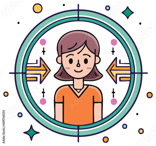 Cartoon illustration of a target audience concept with a woman in crosshairs