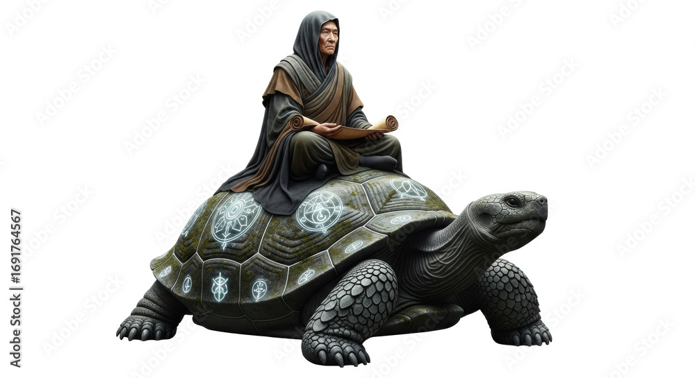 © Leo - Elderly, gender-ambiguous figure in earth-toned robes, holding ancient scroll, seated on colossal stone tortoise with glowing symbols on white void, timeless wisdom and patient enduring existence © Leo - Elderly, gender-ambiguous figure in earth-toned robes, holding ancient scroll, seated on colossal stone tortoise with glowing symbols on white void, timeless wisdom and patient enduring existence