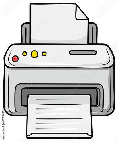 Cartoon illustration of a printer with paper showing output document and in tray in a gray and white color scheme