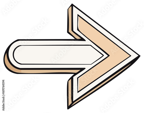 Hand drawn three dimensional arrow pointing right. Retro comic style illustration symbolizing direction and progress.