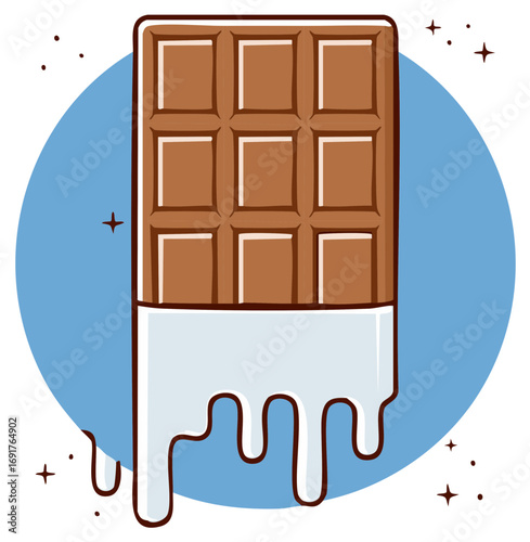 Cute cartoon illustration of a chocolate bar with melting white cream