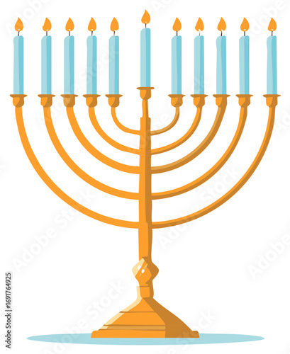 Golden Hanukkah Menorah with Blue Burning Candles Jewish Holiday Illustration