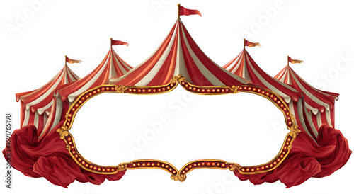 Colorful circus tents with a decorative frame for events and announcements.