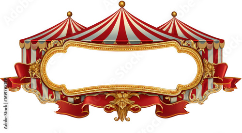 Colorful circus tent with ornate frame and red ribbon accents.