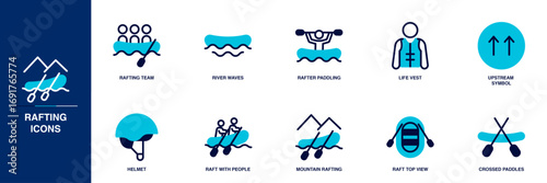 Rafting Blue Colored Outline Icon Set