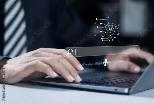AI artificial intelligence searching concept. SEO automation, search assistance. Generative artificial intelligence analyzing text and making summary.