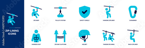 Zip-lining Blue Colored Outline Icon Set