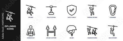 Zip-lining Line Icon Set