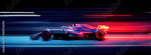 Racing F1 car at night with motion blur
