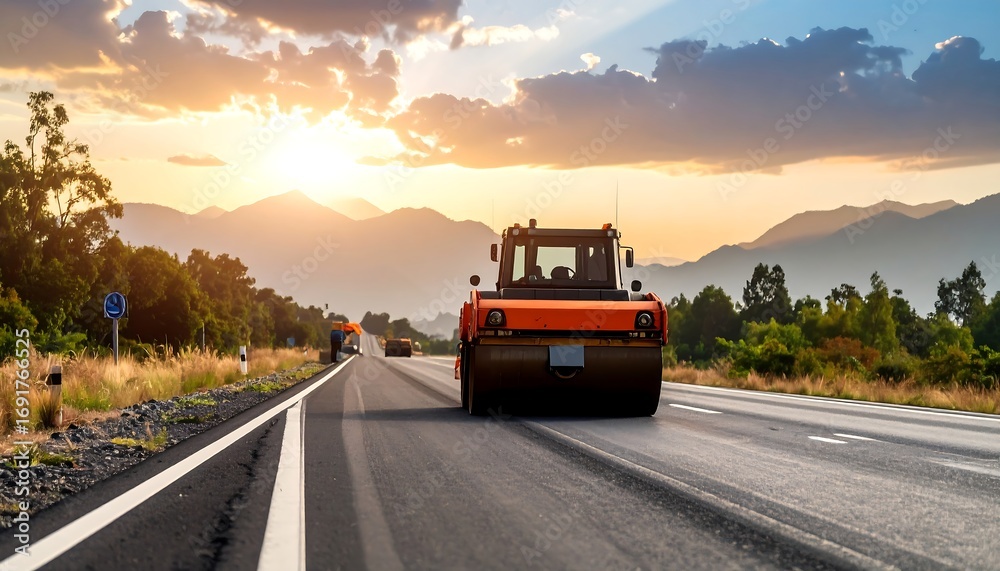 Obraz premium Road Construction Sunset