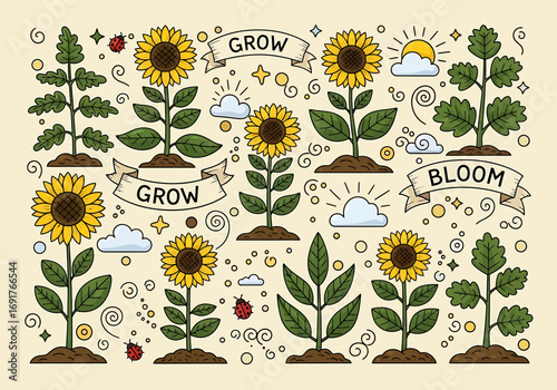 Vibrant Sunflowers in Various Stages of Growth and Blooming.