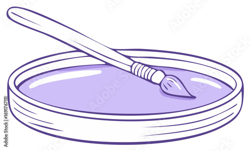 Drawing Brush Dipped in Purple Paint in a Palette