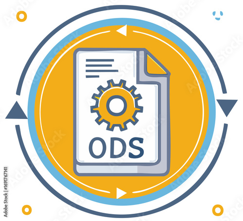 ODS File Format with Gear Icon in a Circular Flowchart Graphic