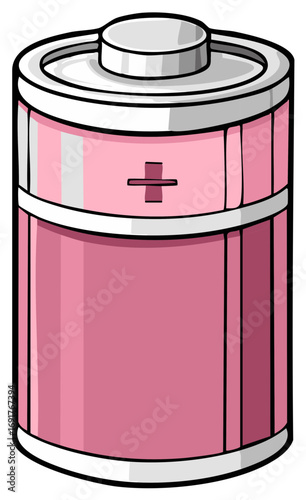 Cartoon illustration of a pink AA battery with a plus symbol and metallic top and bottom