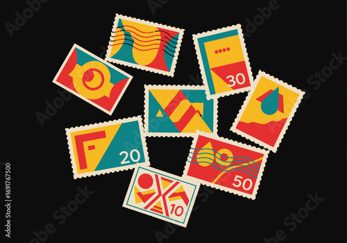 Colorful Collection of Vintage Postage Stamps with Geometric Designs and Numbers.
