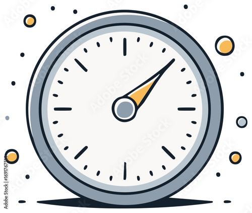 Cartoon clock icon graphic with shadow and short arrow showing speed or time