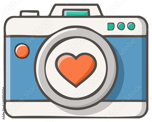 Cute blue camera cartoon with heart lens illustration for valentines day and love photography