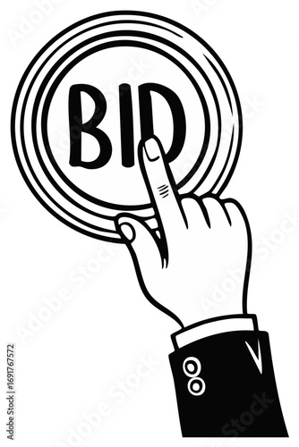 Hand Pointing Finger at BID Button Illustration, Business and Auction Concept
