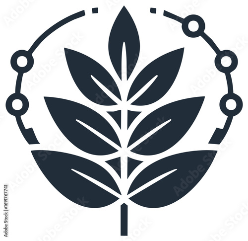 Botanical Plant Stem with Leaves Encased in a Circuit-Linked Frame
