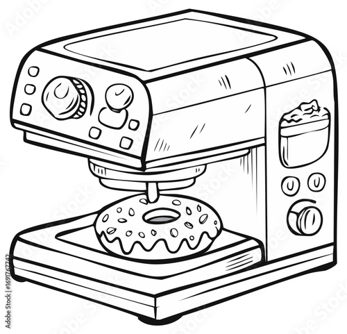 Stylized illustration of a doughnut being 3D printed with frosting dispenser.
